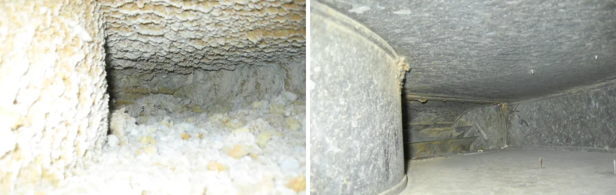 Inside a horizontal exhaust duct in a production facility: packed with built-up debris on the left, clean sheet metal on the right after cleaning by IMC