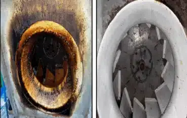 A fan housing in a commercial HVAC system: heavily fouled and corroded on the left, clean bare metal on the right after servicing by IMC